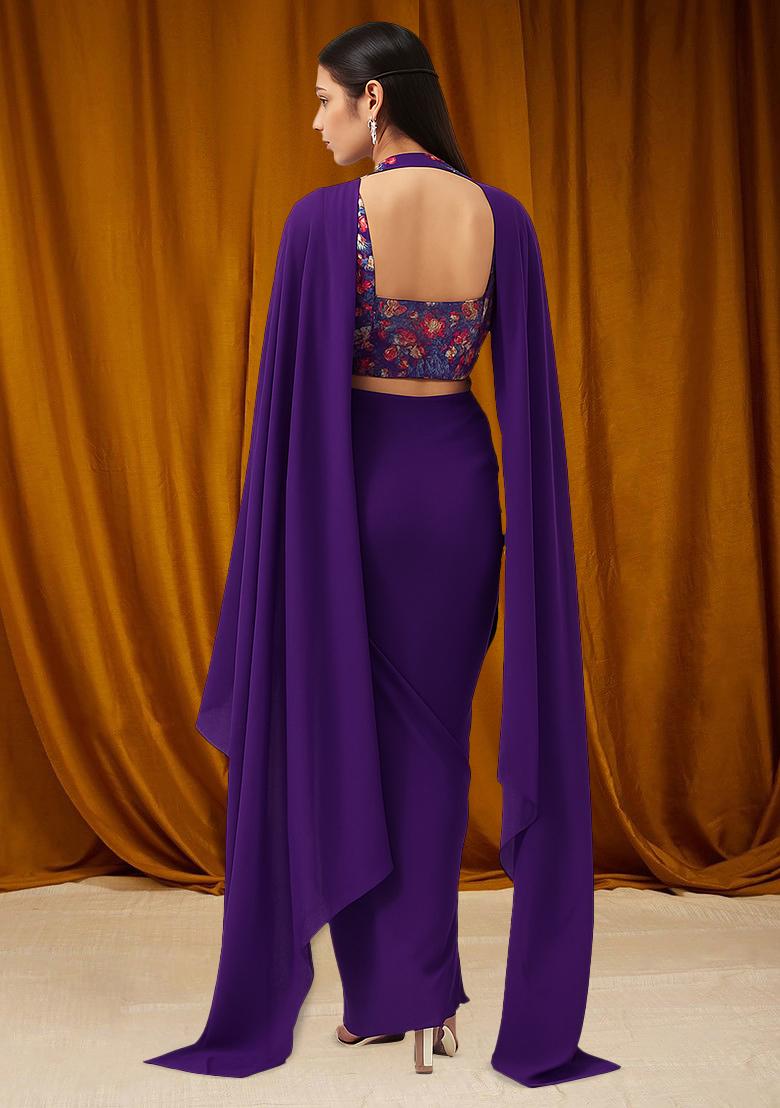 Purple Floral Print Viscose Fusion Set - Indya