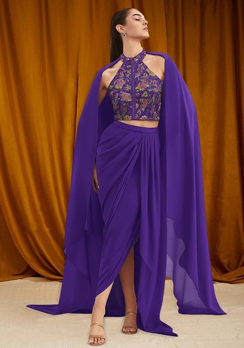 Purple Floral Print Viscose Fusion Set