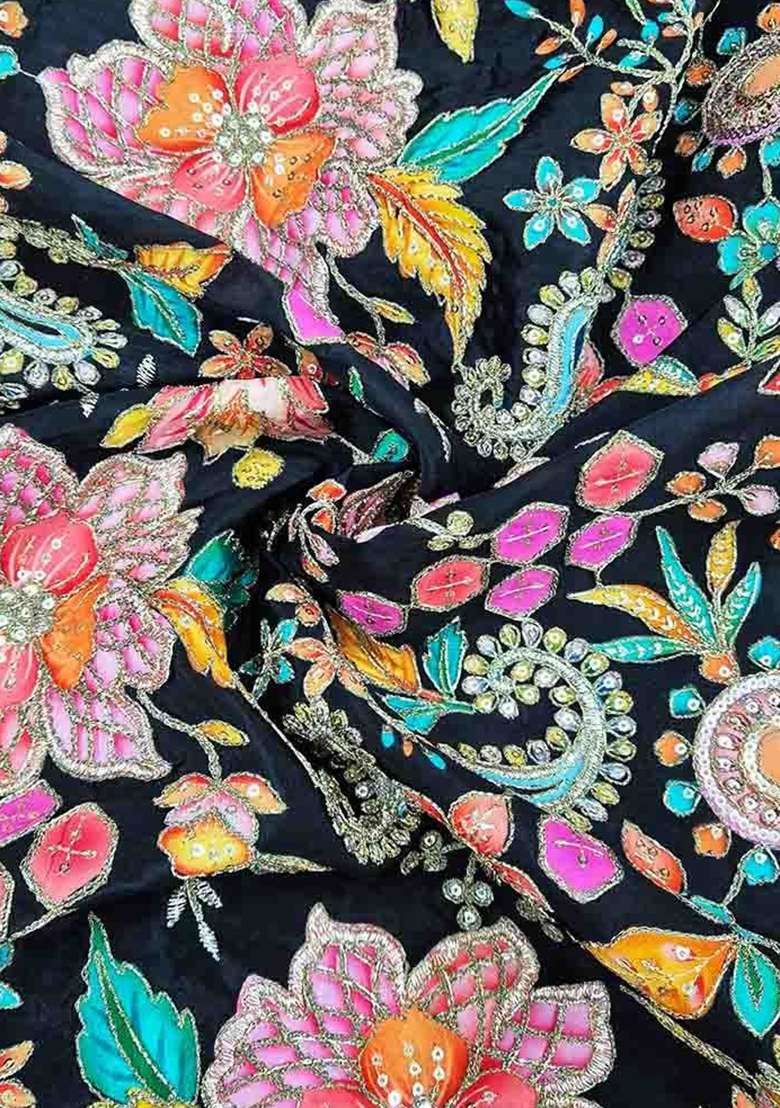 Black Floral Print Viscose Fusion Set - Indya