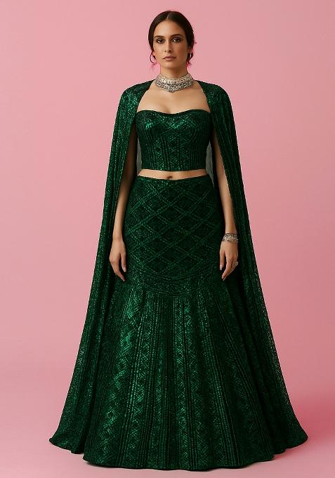 Green Net Sequin Lehenga Set