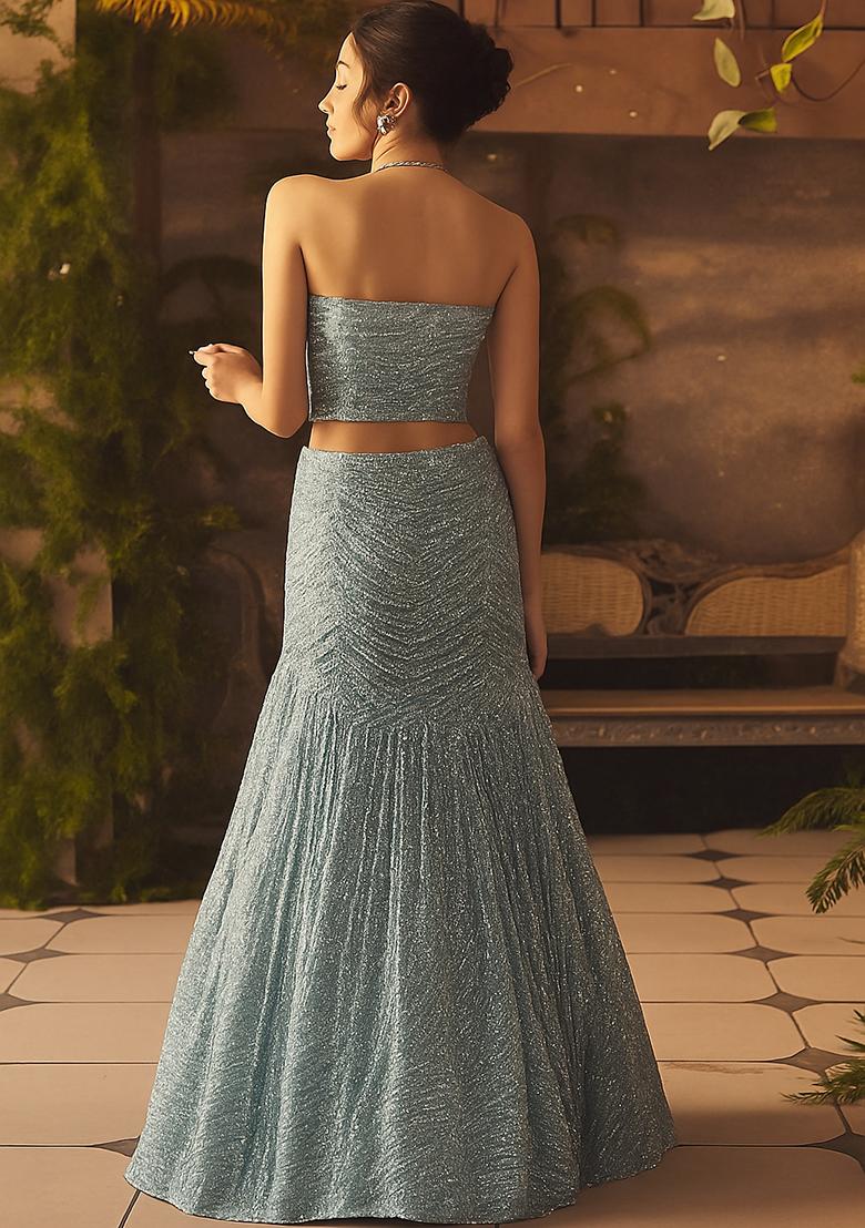 Grey Net Sequin Lehenga Set - Indya