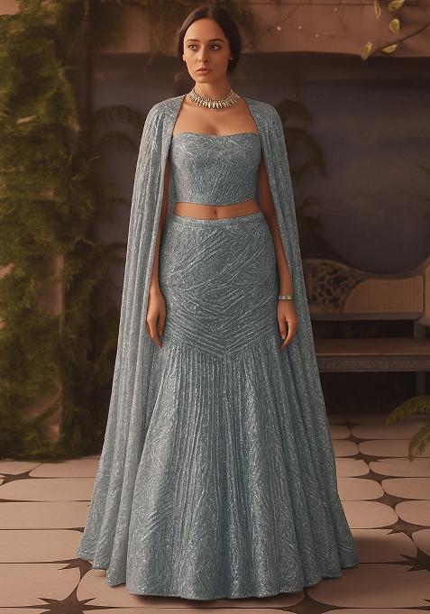 Grey Net Sequin Lehenga Set