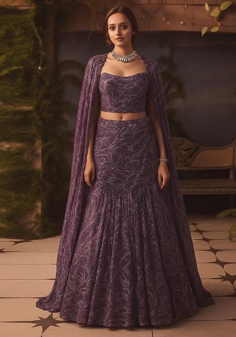 Purple Net Embellished Lehenga Set