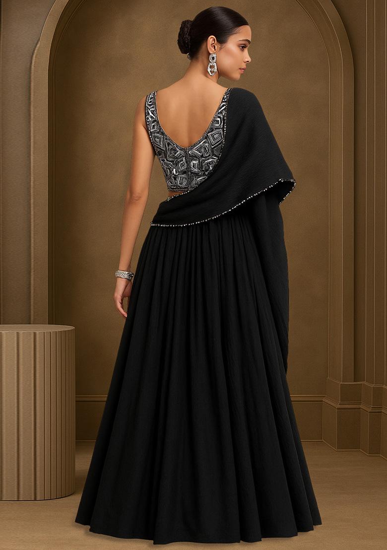 Black Net Embellished Blouse Lehenga Set - Indya