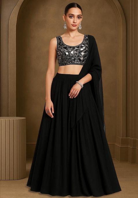 Black Net Embellished Blouse Lehenga Set