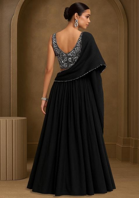 Black Net Embellished Blouse Lehenga Set