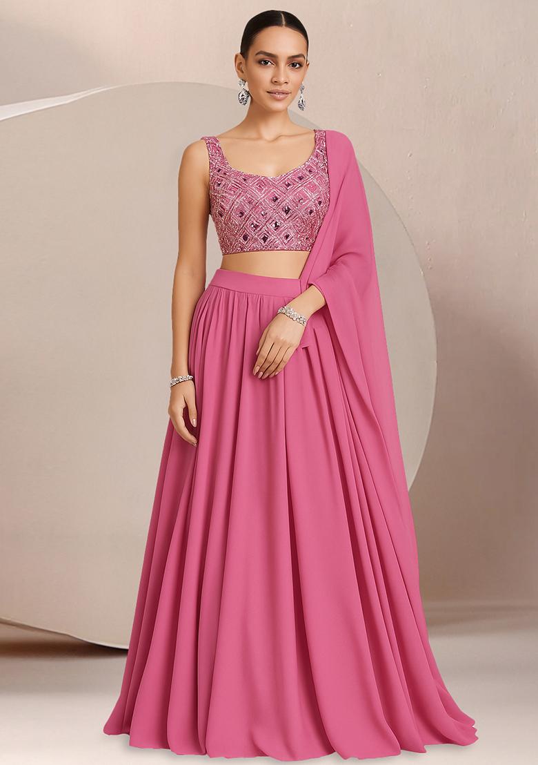 Pink Net Embellished Blouse Lehenga Set