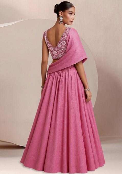 Pink Net Embellished Blouse Lehenga Set