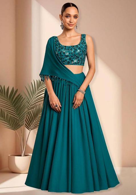 Green Net Embellished Blouse Lehenga Set