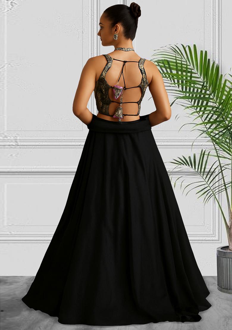Black Net Sequin Embellished Blouse Lehenga Set - Indya
