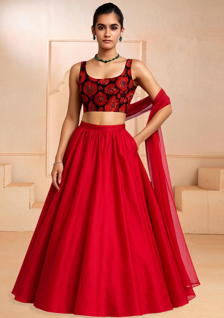 Red Net Sequin Embellished Blouse Lehenga Set