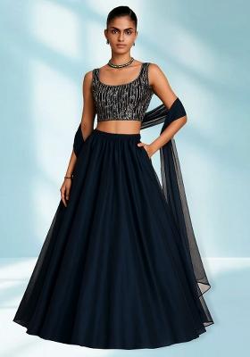 Blue Net Sequin Embellished Blouse Lehenga Set