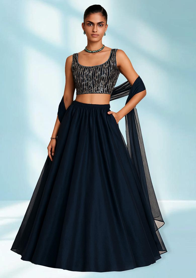 Blue Net Sequin Embellished Blouse Lehenga Set