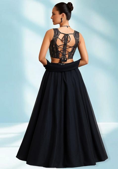 Blue Net Sequin Embellished Blouse Lehenga Set