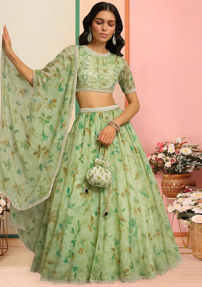 Light Green Tissue Floral Printed Lehenga Set