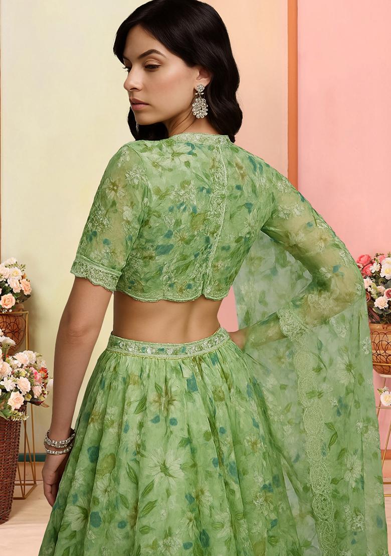 Light Green Tissue Floral Printed Lehenga Set