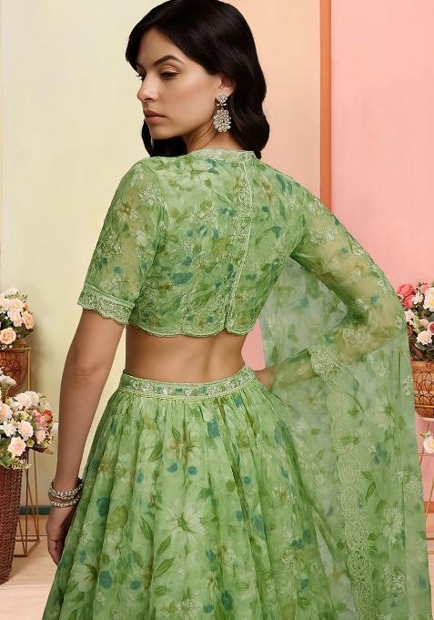 Light Green Tissue Floral Printed Lehenga Set