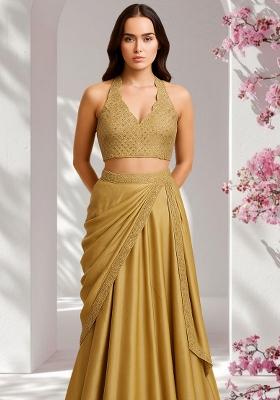 Beige Satin Embellished Blouse Lehenga Set