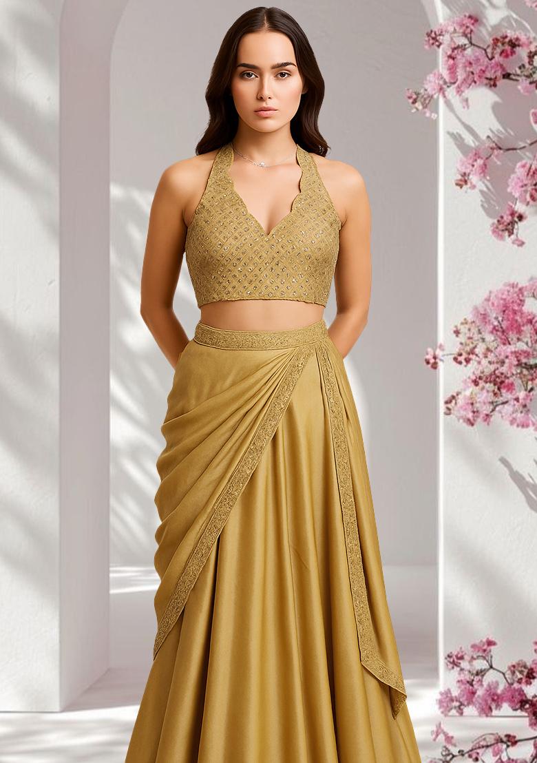 Beige Satin Embellished Blouse Lehenga Set