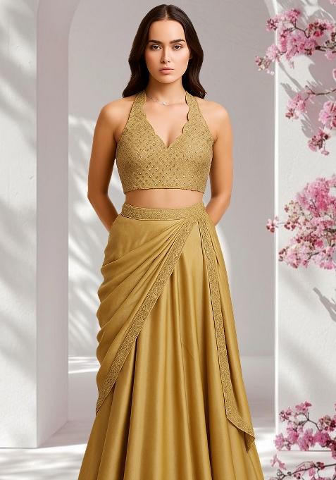 Beige Satin Embellished Blouse Lehenga Set