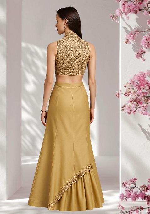 Beige Satin Embellished Blouse Lehenga Set