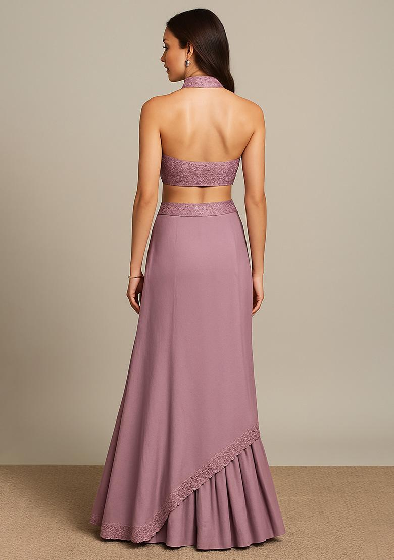 Purple Silk Sequin Embroidered Blouse Lehenga Set - Indya