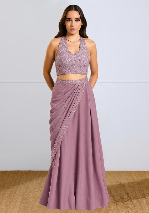 Purple Silk Sequin Embroidered Blouse Lehenga Set