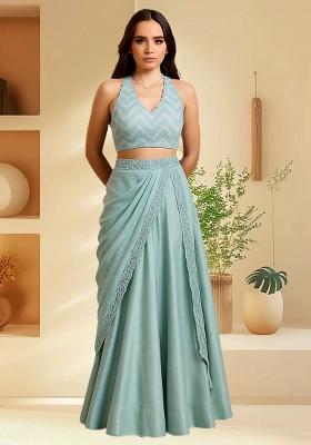 Sky Blue Silk Sequin Embroidered Blouse Lehenga Set