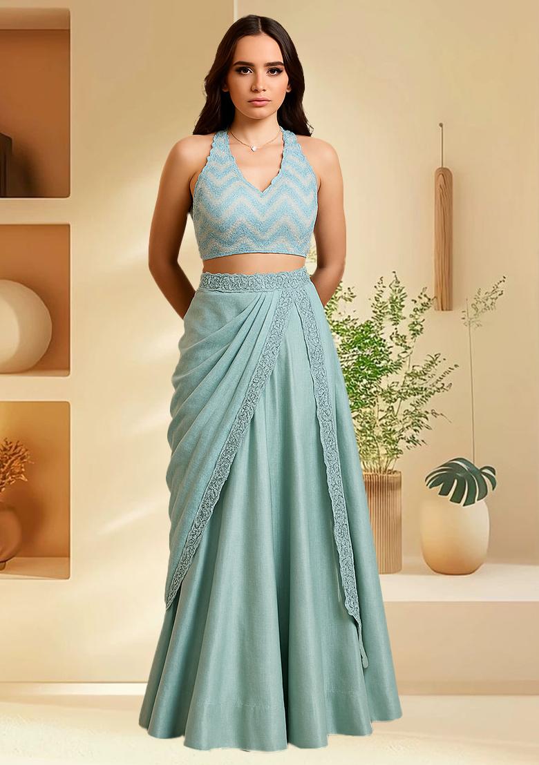 Sky Blue Silk Sequin Embroidered Blouse Lehenga Set