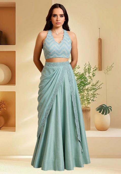 Sky Blue Silk Sequin Embroidered Blouse Lehenga Set