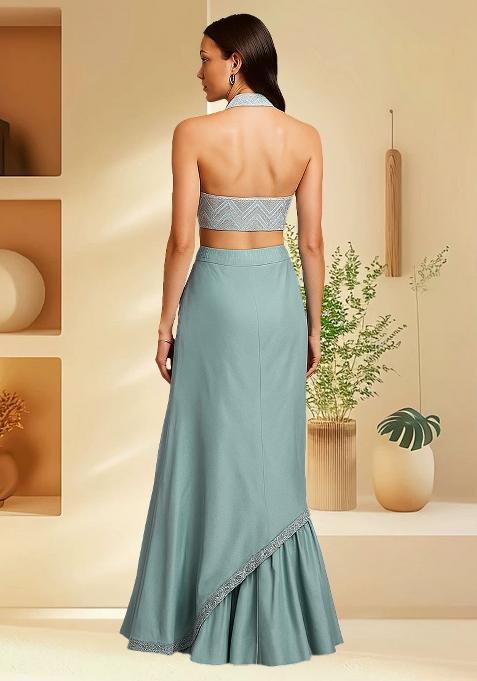 Sky Blue Silk Sequin Embroidered Blouse Lehenga Set