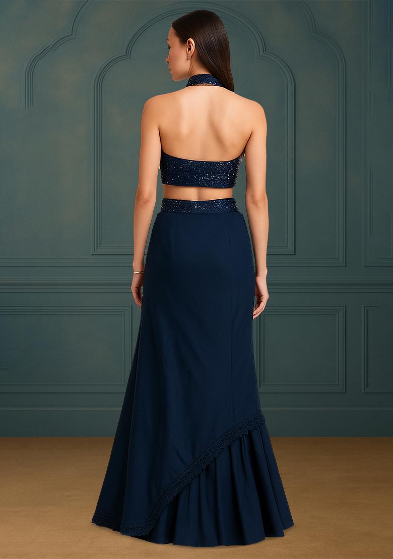 Blue Silk Sequin Embroidered Blouse Lehenga Set - Indya