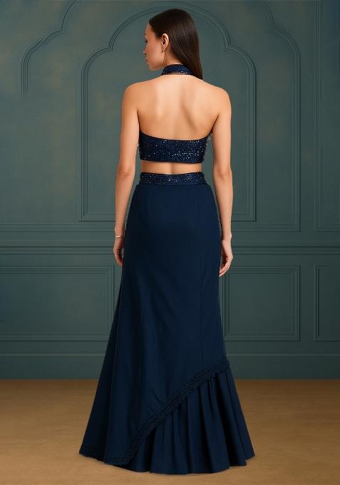 Blue Silk Sequin Embroidered Blouse Lehenga Set