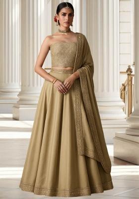 Beige Satin Embellished Blouse Lehenga Set