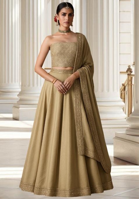 Beige Satin Embellished Blouse Lehenga Set