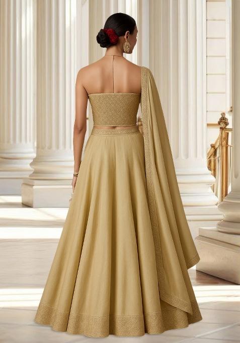 Beige Satin Embellished Blouse Lehenga Set