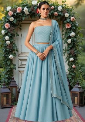 Sky Blue Silk Sequin Embroidered Blouse Lehenga Set