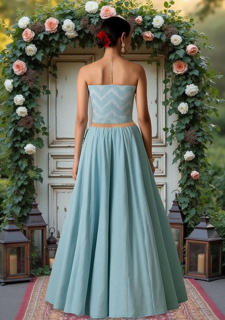 Sky Blue Silk Sequin Embroidered Blouse Lehenga Set - Indya