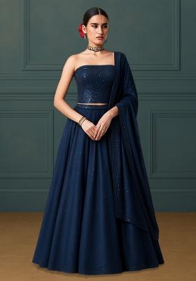 Blue Silk Sequin Embroidered Blouse Lehenga Set