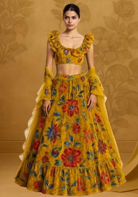 Mustard Yellow Organza Embroidered Lehenga Set