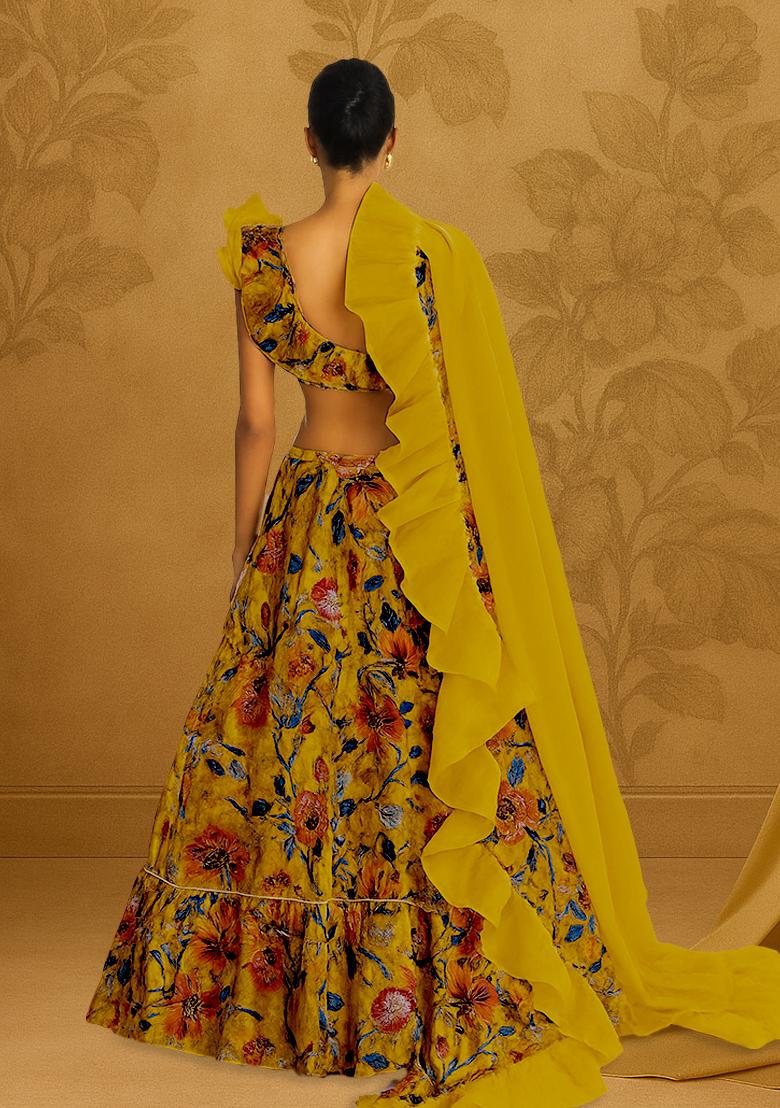 Mustard Yellow Organza Embroidered Lehenga Set - Indya