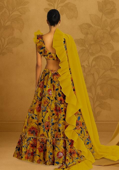 Mustard Yellow Organza Embroidered Lehenga Set