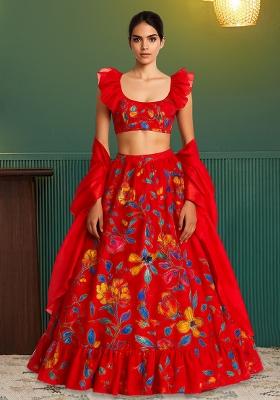 Red Organza Embroidered Lehenga Set