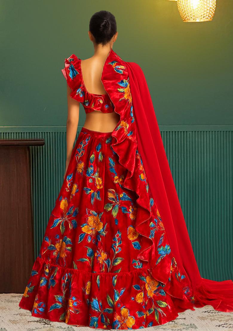 Red Organza Embroidered Lehenga Set - Indya