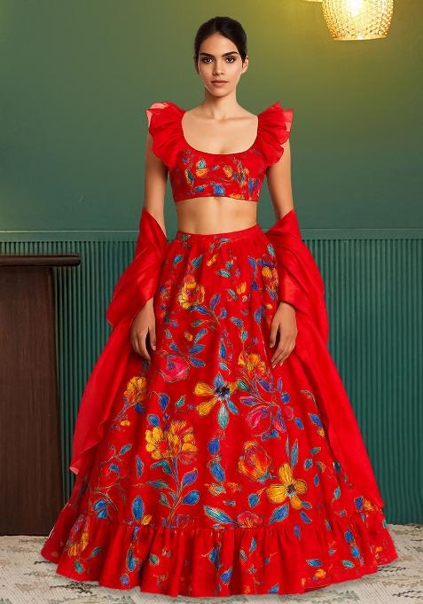 Red Organza Embroidered Lehenga Set