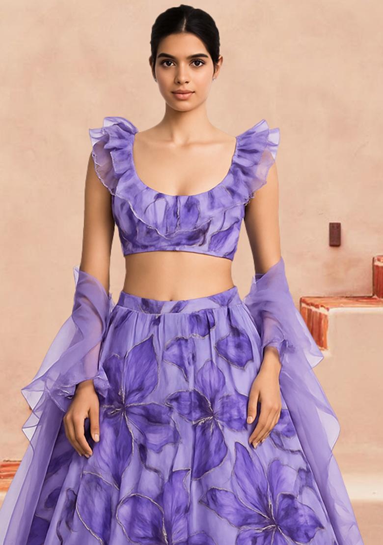 Light Purple Organza Embroidered Lehenga Set - Indya