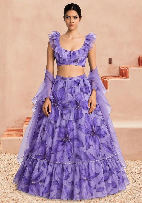 Light Purple Organza Embroidered Lehenga Set
