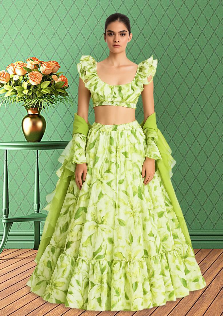 Light Green Organza Embroidered Lehenga Set