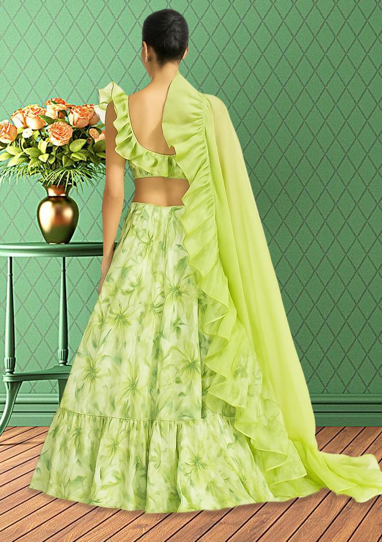 Light Green Organza Embroidered Lehenga Set - Indya