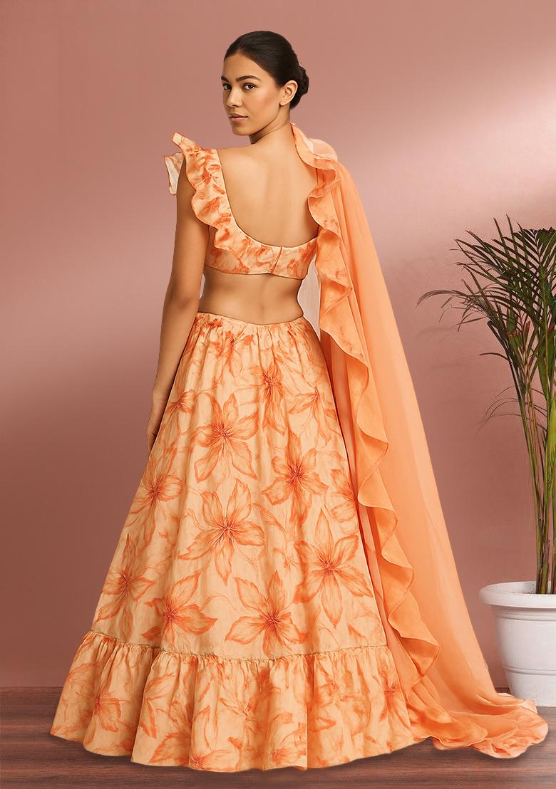Peach Organza Embroidered Lehenga Set - Indya